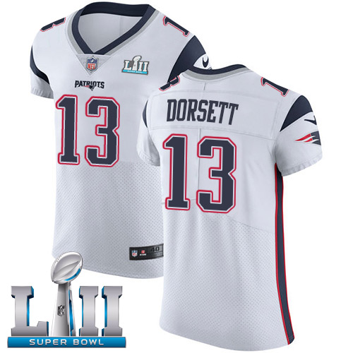 Nike Patriots #13 Phillip Dorsett White Super Bowl LII Men's Stitched NFL Vapor Untouchable Elite Jersey - Click Image to Close